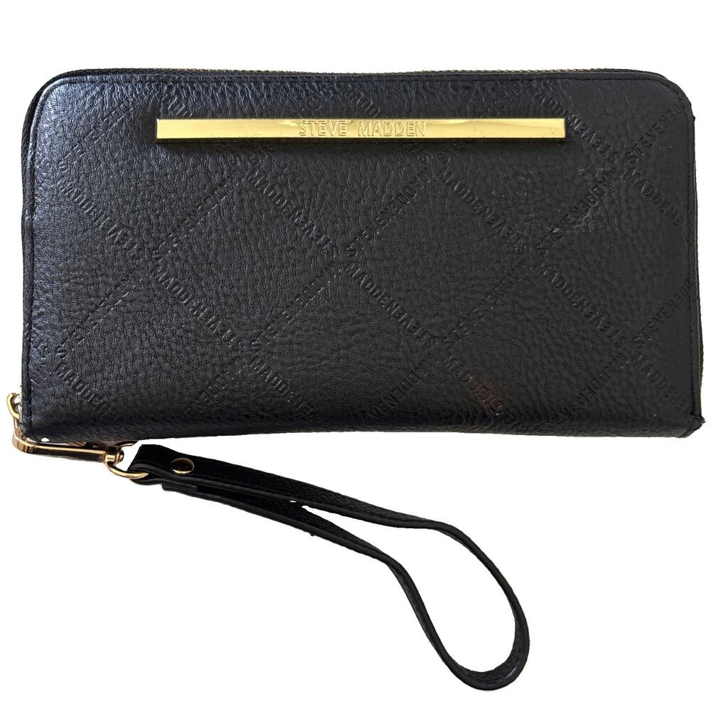Steve Madden Black Embossed Logo Wristlet Wallet
